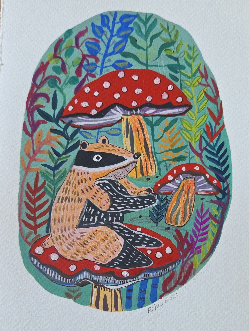 Whimsical Badger on Red Mushroom Original Painting